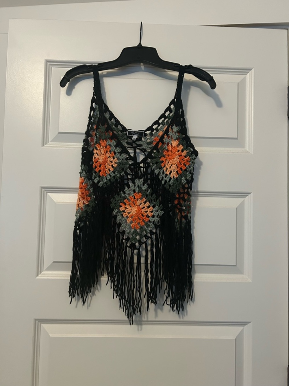 Vivid Black Crochet Fringe Camisole w/ Orange and Green Squares Festivalware